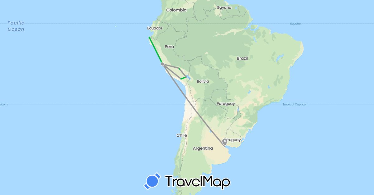 TravelMap itinerary: driving, bus, plane in Argentina, Peru (South America)